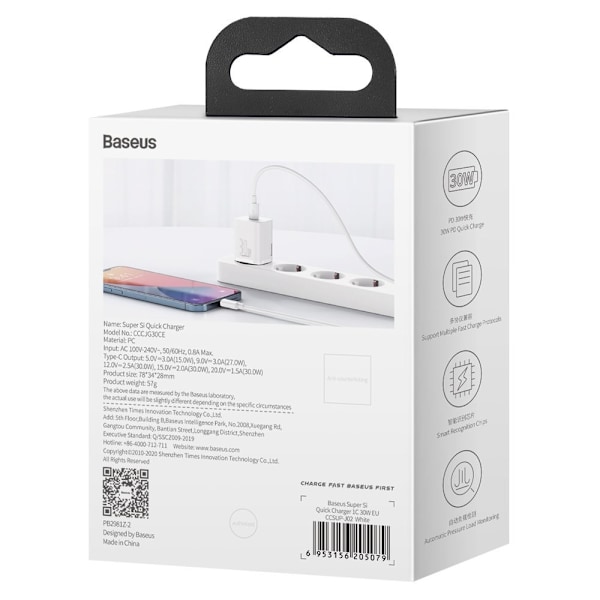 Supersnabb Si 1C USB-C 30W PD QC väggladdare vit