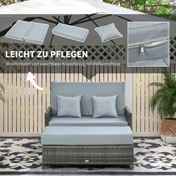 Polyrattan Lounge Sohva Puutarhasohva 2-Istuttava Pehmuste & Jakkara Puutarha Sohva Harmaa