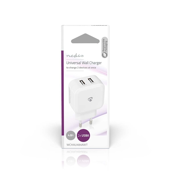 Väggladdare | 24 W | Snabbladdnings funktion | 2x 2.4 A A | Antal utgångar: 2 | 2x USB-A | Utan kabel | Single Voltage Output