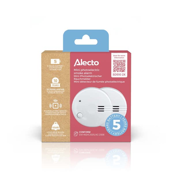 Mini-rökdetektor, 5 års batteri, 2-pack, vit
