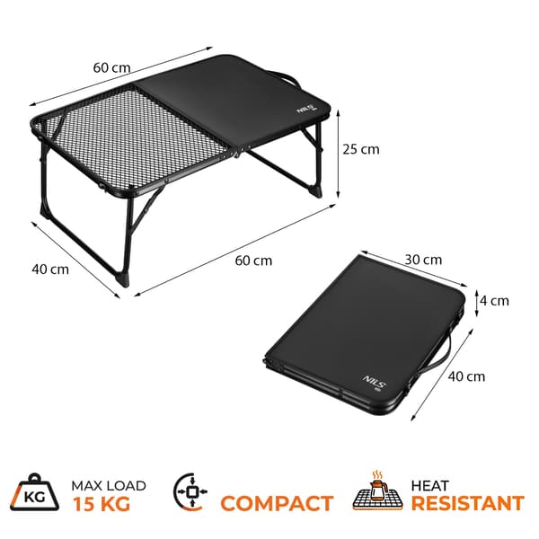 Sort foldbart campingbord – Let, kompakt, 60x40 cm