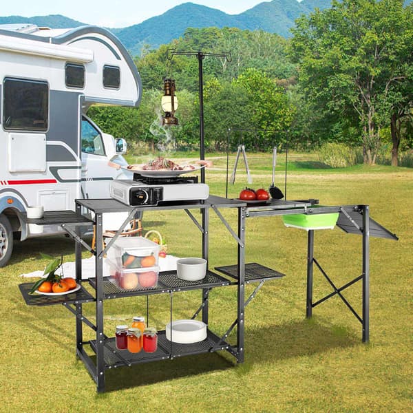 Campingköksbord – Hopfällbart aluminium, diskho, hyllor