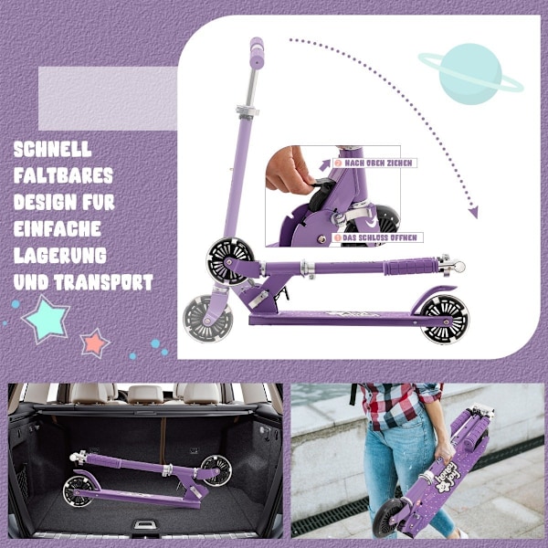 Børnescooter med LED hjul, højdejusterbar, børnescooter, city scooter, lilla