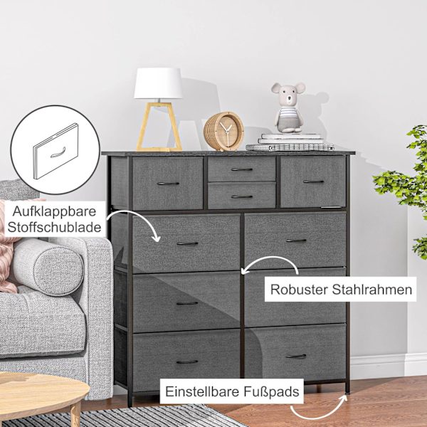 Kommode, opbevaringsskab med 10 foldbare stofskuffer, moderne skænk til stue, soveværelse, stål, sort