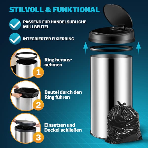 Sensorbeholder, rustfrit stål, 30 l, berøringsfri