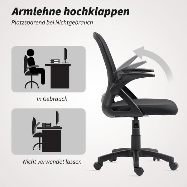 Ergonomisk kontorstol i net med foldbare armlæn, sort