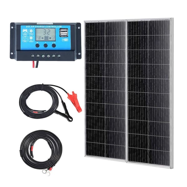 200W monokristallin solpanelsats, 12V, 2 paneler, styrenhet