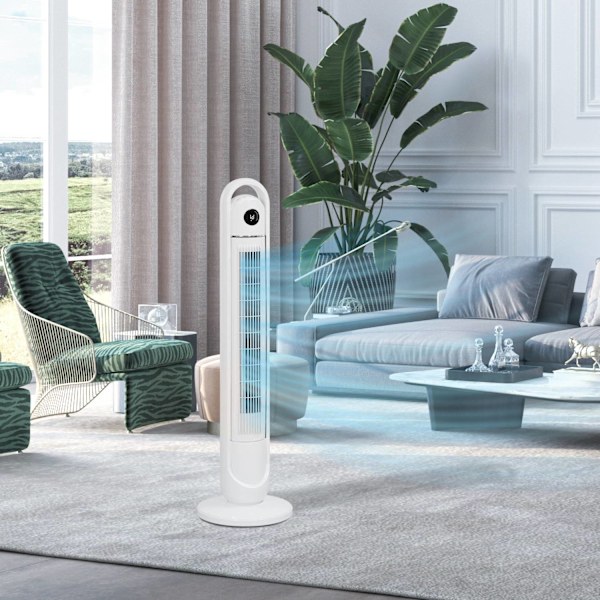 Tornfläkt, piedestalfläkt med 3 ventilationsnivåer, fjärrkontroll, 55W fläkt med 24H timer, LCD-display, 70° oscillation, för sovrum, vit Aosom