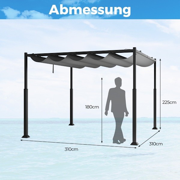 3,1 x 3,1 m pergola med skydetag Vandtæt lystpavillon Vintertæt havepavillon grå