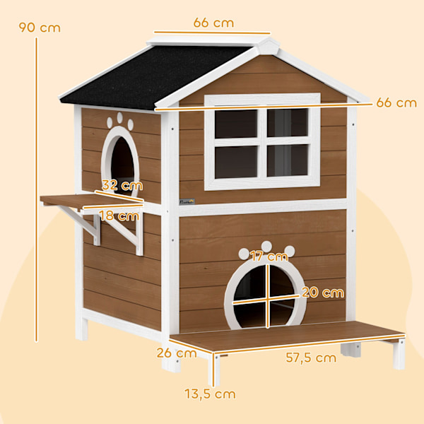 Puinen kissatalo Kissaluola ikkunalla Säänkestävä kissatalo 2-tasolla irrotettavalla pohjalla 1-2 kissalle Sisällä Ulkona 66 x 66 x 90 cm Ruskea