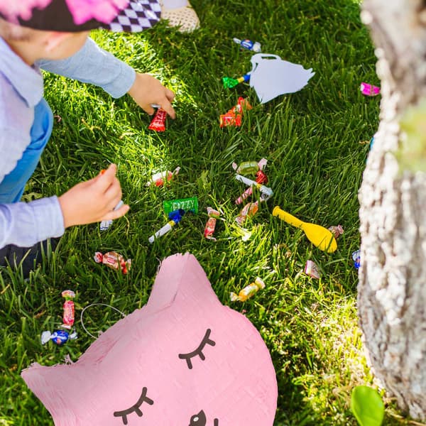 Kissa pinata tikkarilla ja matolla