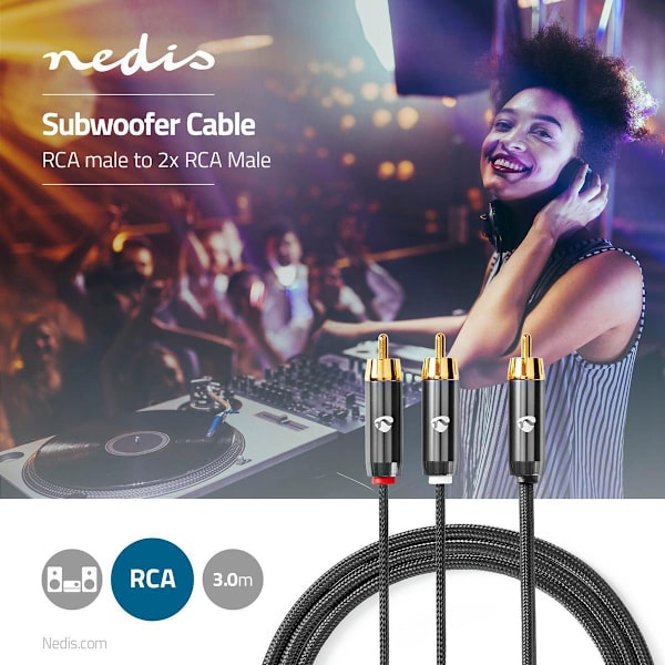 Subwoofer kabel | RCA Hanstik | 2x RCA Hanstik | Guldplateret | 3.00 m | Runde | 4.5 mm | Grå / Gun Metal Grå | Cover Window Box