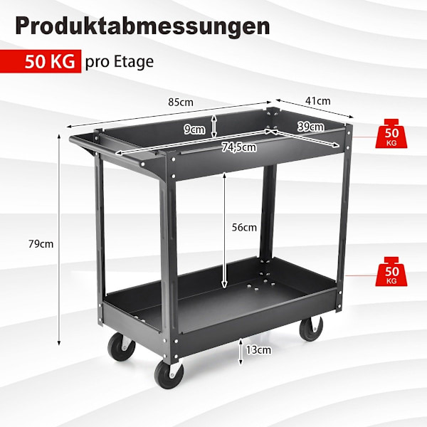 Metallinen työpajavaunu, jossa 2 tasoa ja kahva, monikäyttöinen vaunu, musta