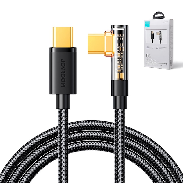 Vinklet USB-C kabel til hurtig opladning og dataoverførsel 100W 1,2m sort