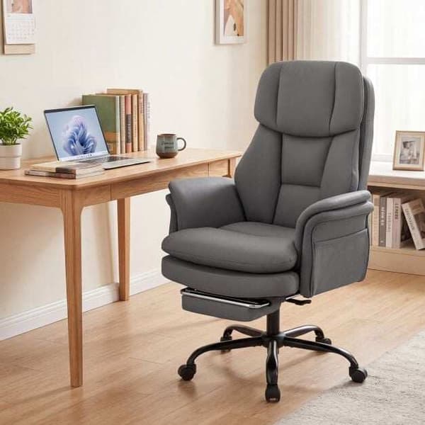 Ergonomisk kontorstol med krydsben og fodstøtte, grå