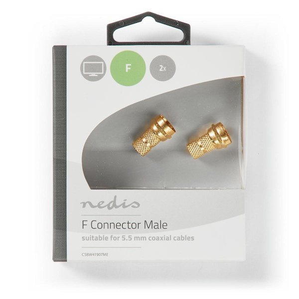 F-liitin | Suora | Uros | Kullattu | 75 Ohm | Kierrettävä | Kaapelin läpitulomitta: 5.5 mm | Kupari | Metalli | 2 kpl | Ikkunallinen laatikko