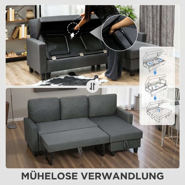 L-formet sovesofa med opbevaring, vendbar chaiselong, grå