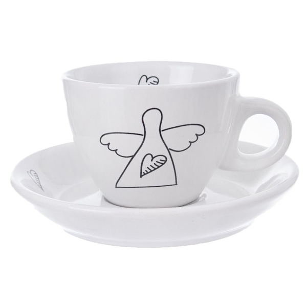 Englemotiv espressosæt: 2 kopper & underkop i hvid keramik