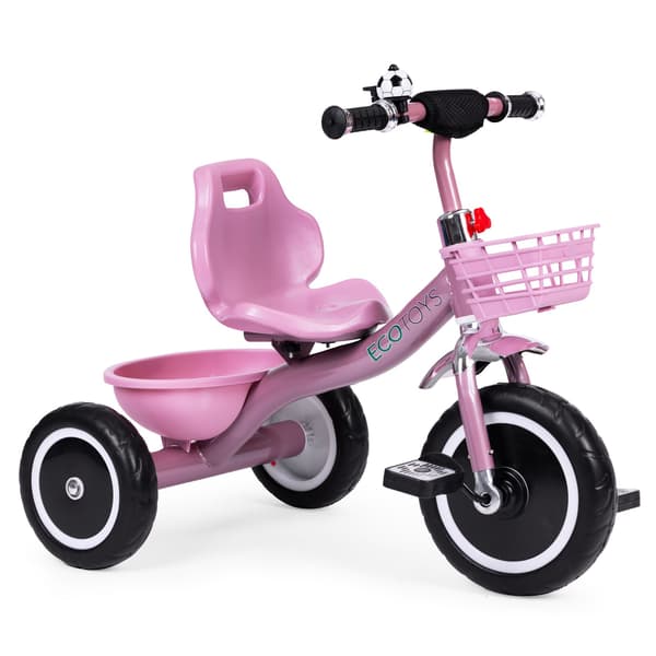 Trehjuling med halkfria grepp, klocka, korg, rosa, ECOTOYS