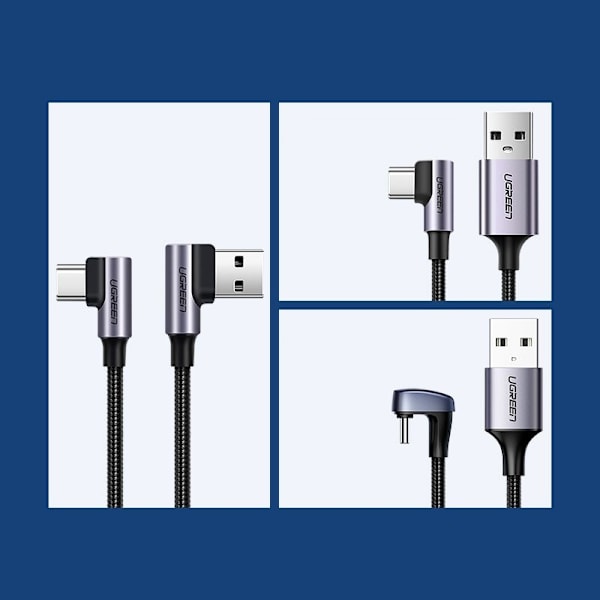 Vinklet USB-kabel - USB-C QC 3.0 3A 1m grå