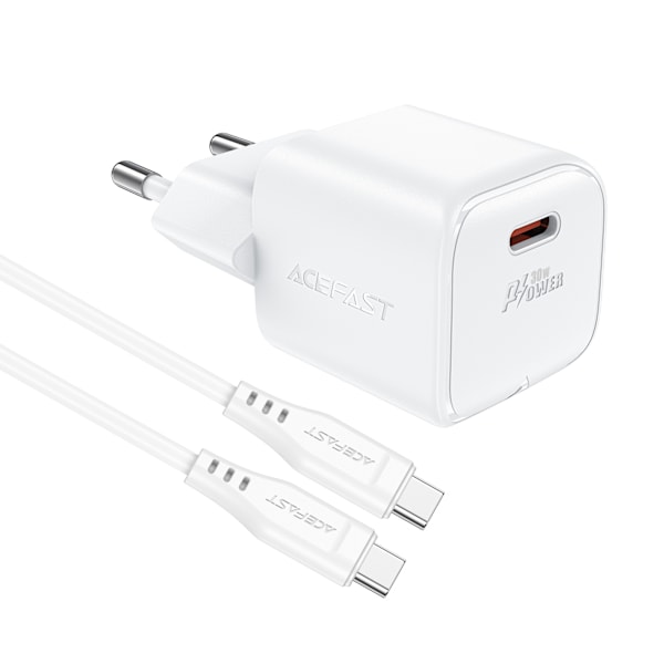 Mini PD 30W GaN laddare + USB-C kabel, vit