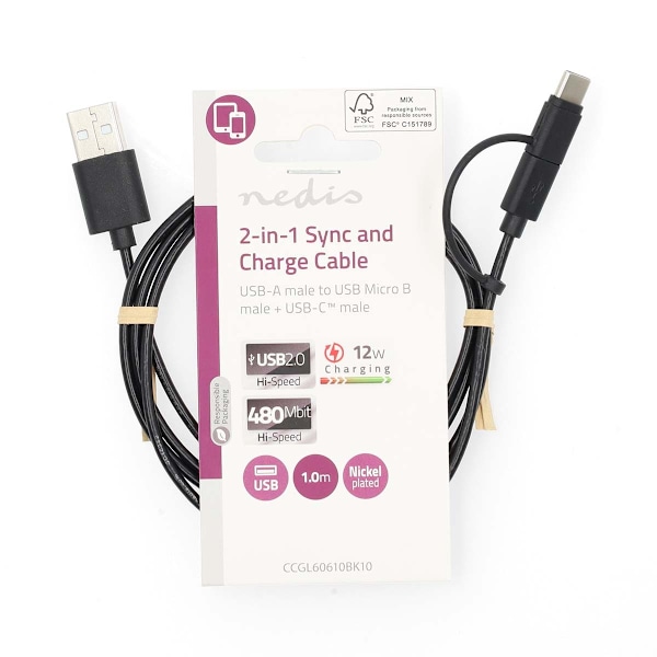 2 in 1 kaapeli | USB 2.0 | USB-A Uros | USB Micro-B Uros / USB-C™ Uros | 480 Mbps | 1.00 m | Niklattu | Pyöreä | PVC | Musta | Label