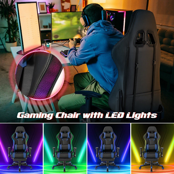 Gamingstol med RGB LED-lampor & infällbart fotstöd Ergonomisk kontorsstol Blå