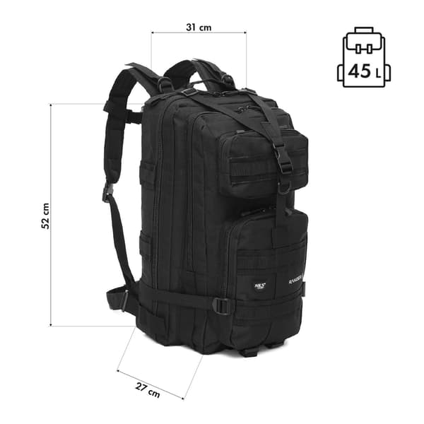 Taktisk rygsæk, sort, 45L kapacitet