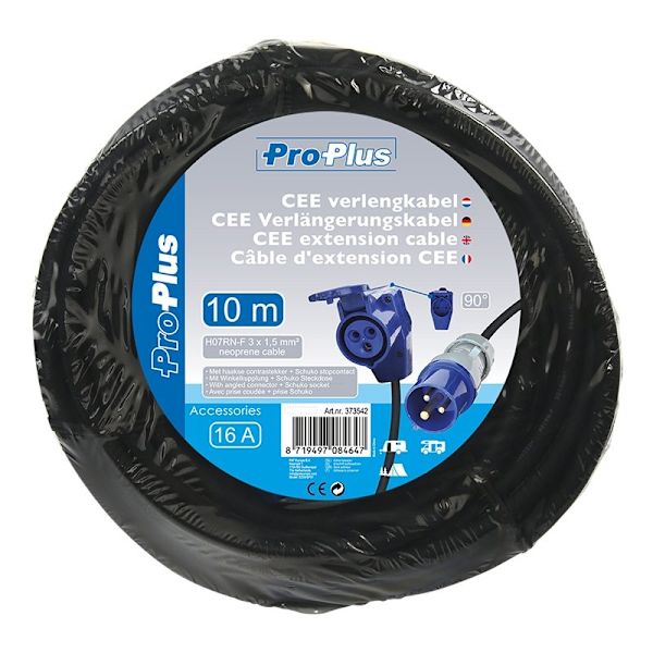 CEE jatkokaapeli 10M CEE-kulmaliittimellä + Schuko-pistorasia 3x1,5mm²