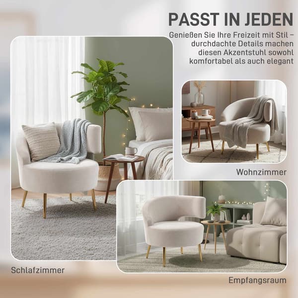 Chenille Lounge Fåtölj med Guldben, Krämvit