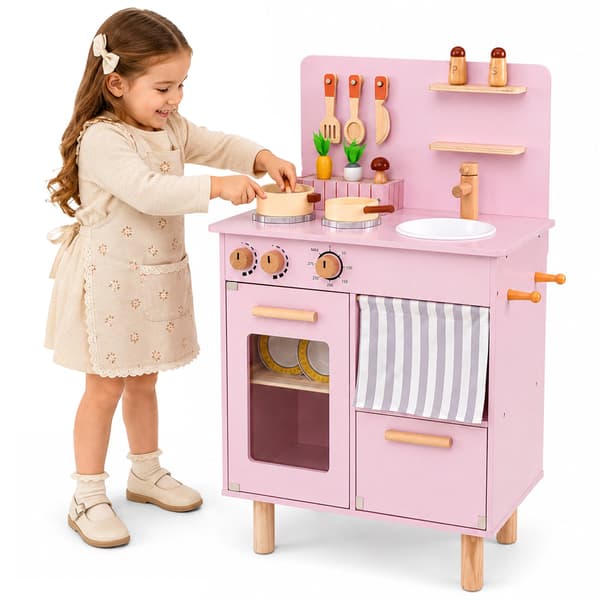 Trälekkök för barn, rosa – diskho, spis, förvaring