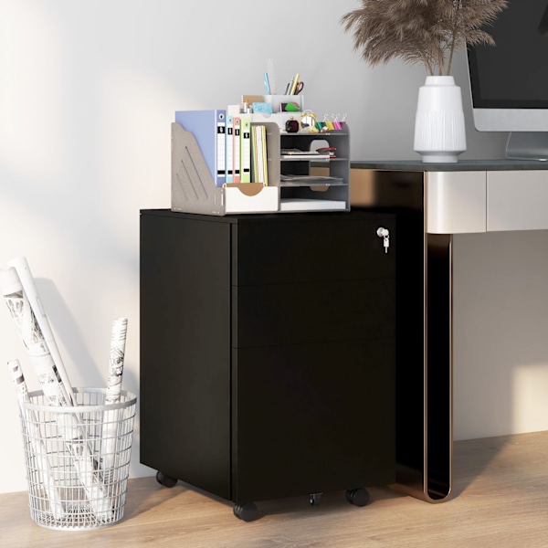 Arkivskab med skuffer, 37L x 43,5W x 60H cm, låsbar, rullebar, med bremser, 3-trins justerbar stang, stål, sort