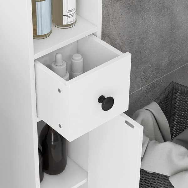 Badeværelsesskab, 4 hylder, skuffe, spånplade, slim design, hvid