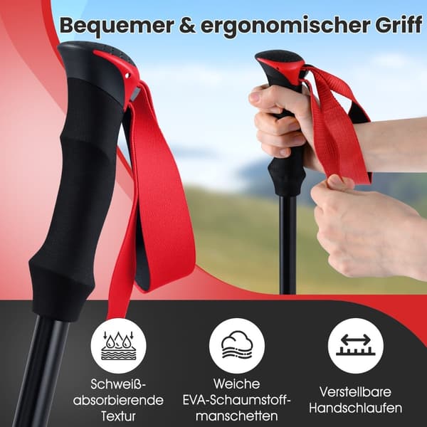 Sammenklappelige vandrestave, hurtiglås, 115-130 cm, røde