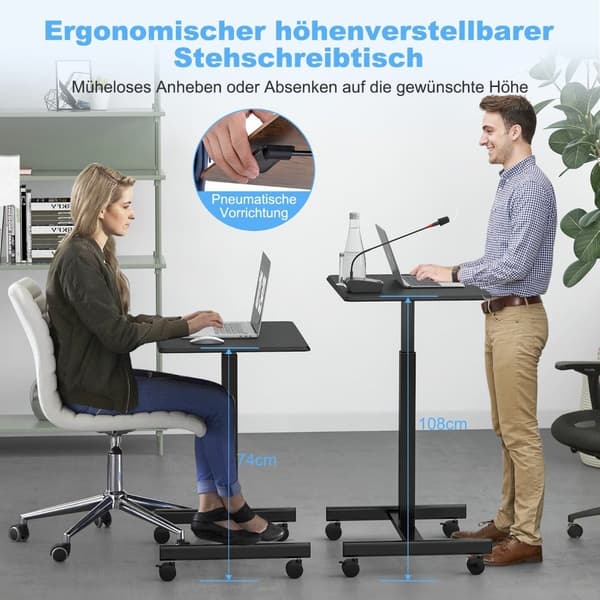 Justerbart bærbart skrivebord med hjul, 80 kg kapacitet, sort
