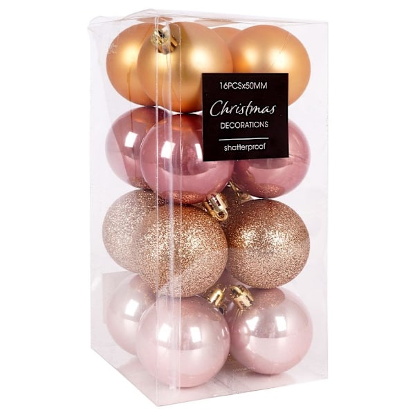 Sæt med 16 ubrydelige juletræskugler i guld og pink