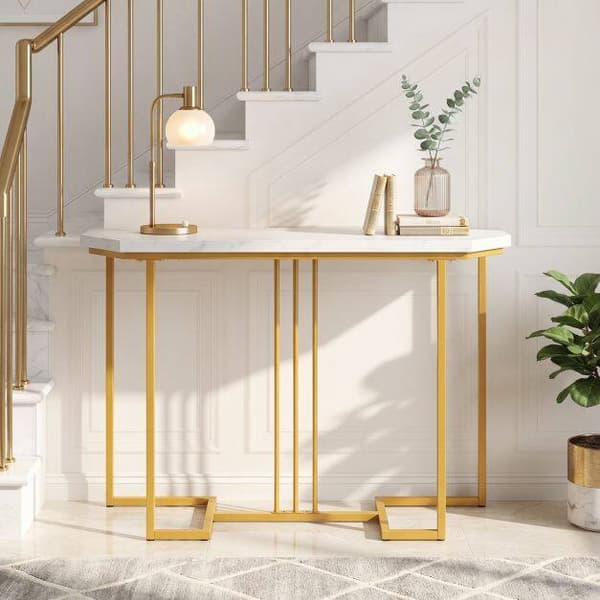 Smalt konsolbord, hvid marmorplade, guld geometrisk stel