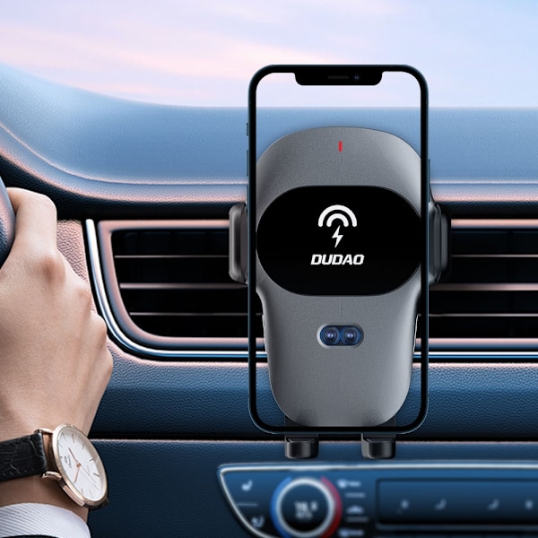 Bilholder med Qi 15W trådløs oplader, grå