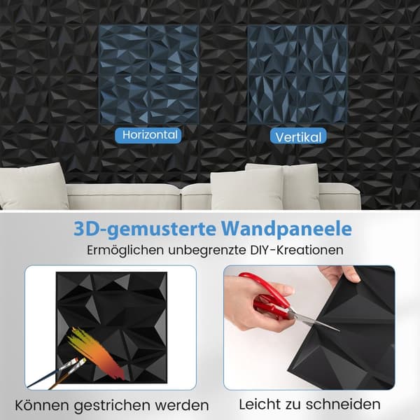 3D-väggpaneler, svart PVC, 50-pack, 30x30 cm, 4,5 m² täckning
