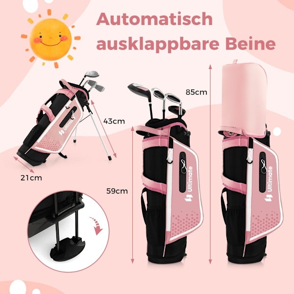 4-delt børnegolfkøllesæt med golftaske og regnslag til børn i alderen 5-7 år, pink