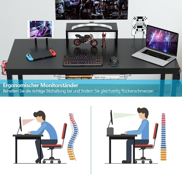 Spillebord 140 cm gaming skrivebord med skærmhylde 155 x 60 x 94 cm sort