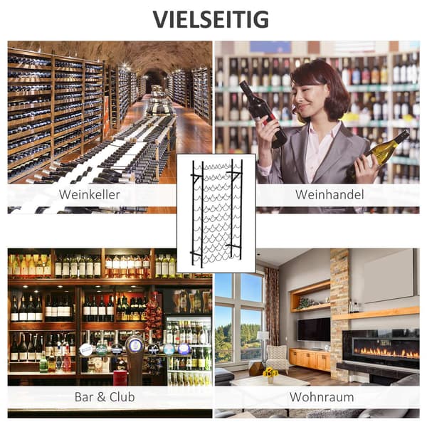 Viiniteline 60 Pullolle Seinään Kiinnitettävä Pulloteline, Metallinen Viiniteline, Musta