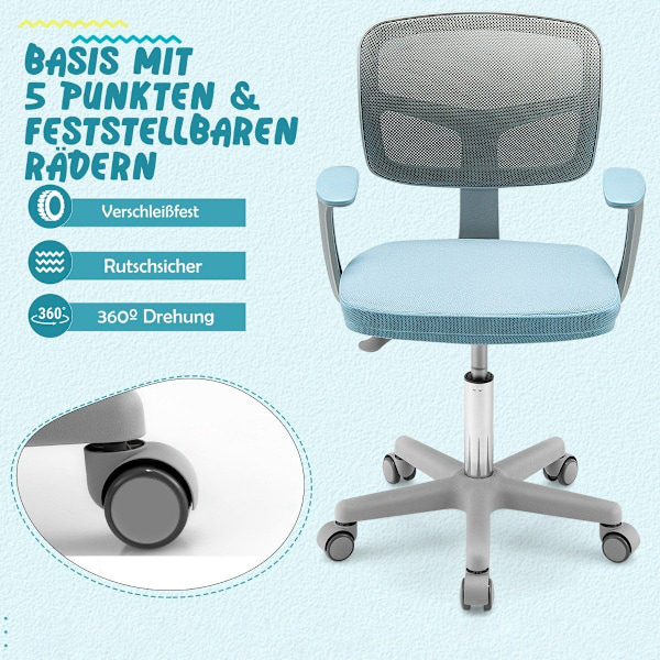 Datorstol för barn med justerbar höjd & självlåsande hjul 54 x 54 x 80 - 91,5 cm Blå + Grå