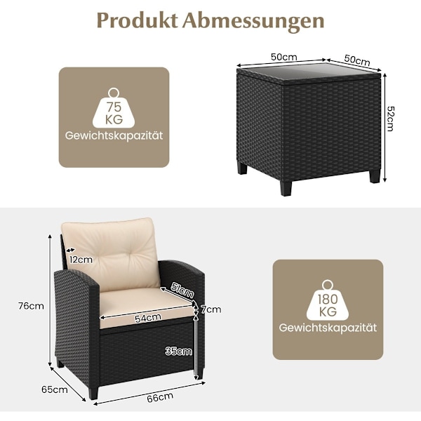 3-delt havemøbelsæt i rattan inklusive 2 lænestole og 1 sidebord, siddesæt med hynder, beige