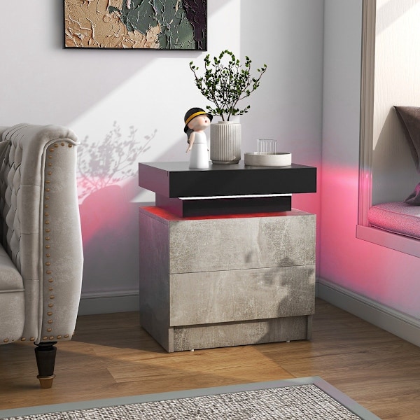 Yöpöytä LED-valoilla ja 2 laatikkoa ja kaukosäätimellä varustettu yöpöytäkaappi 45 x 35 x 52 cm harmaa