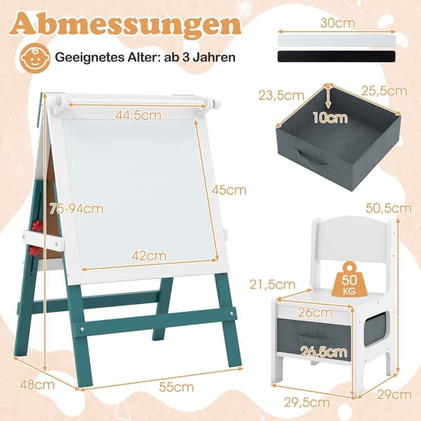 Justerbart børnestaffeli med tavle og whiteboard-sæt