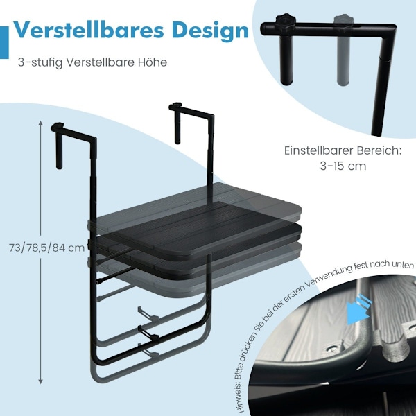 Fällbart räckesbord hängbord för inom- och utomhusbruk svart