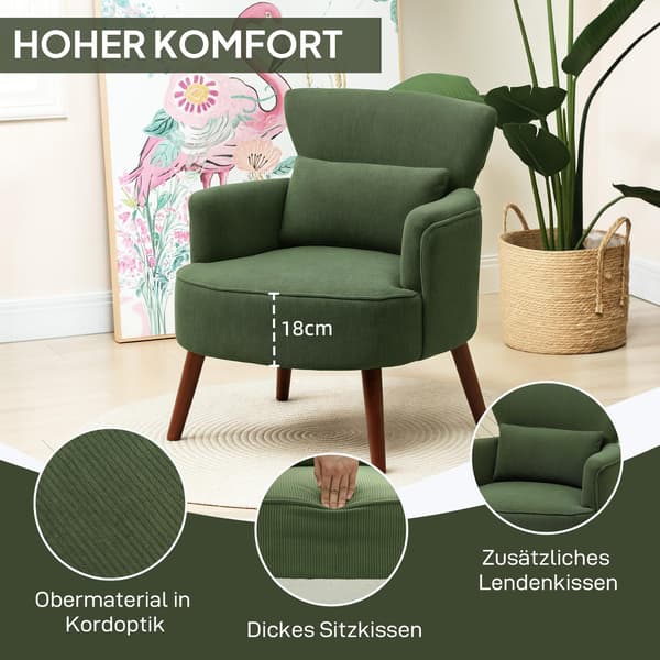 Grøn Corduroy Wingback stol – High-Density Foam, 18 cm polstring