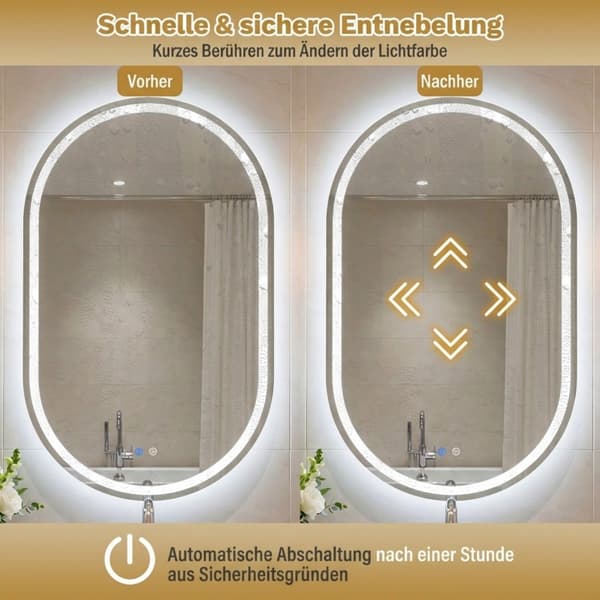 Oval LED-badrumsspegel, 90x55 cm, imfri, dimbar