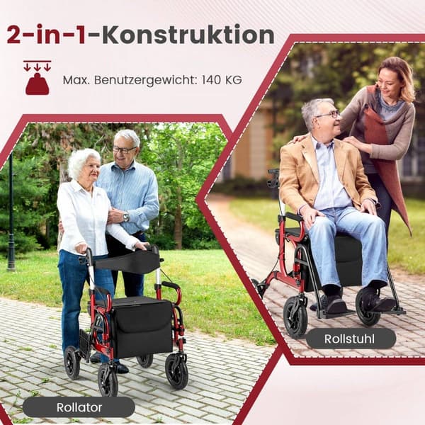 Sammenfoldelig letvægtsrollator med pneumatiske dæk og sæde